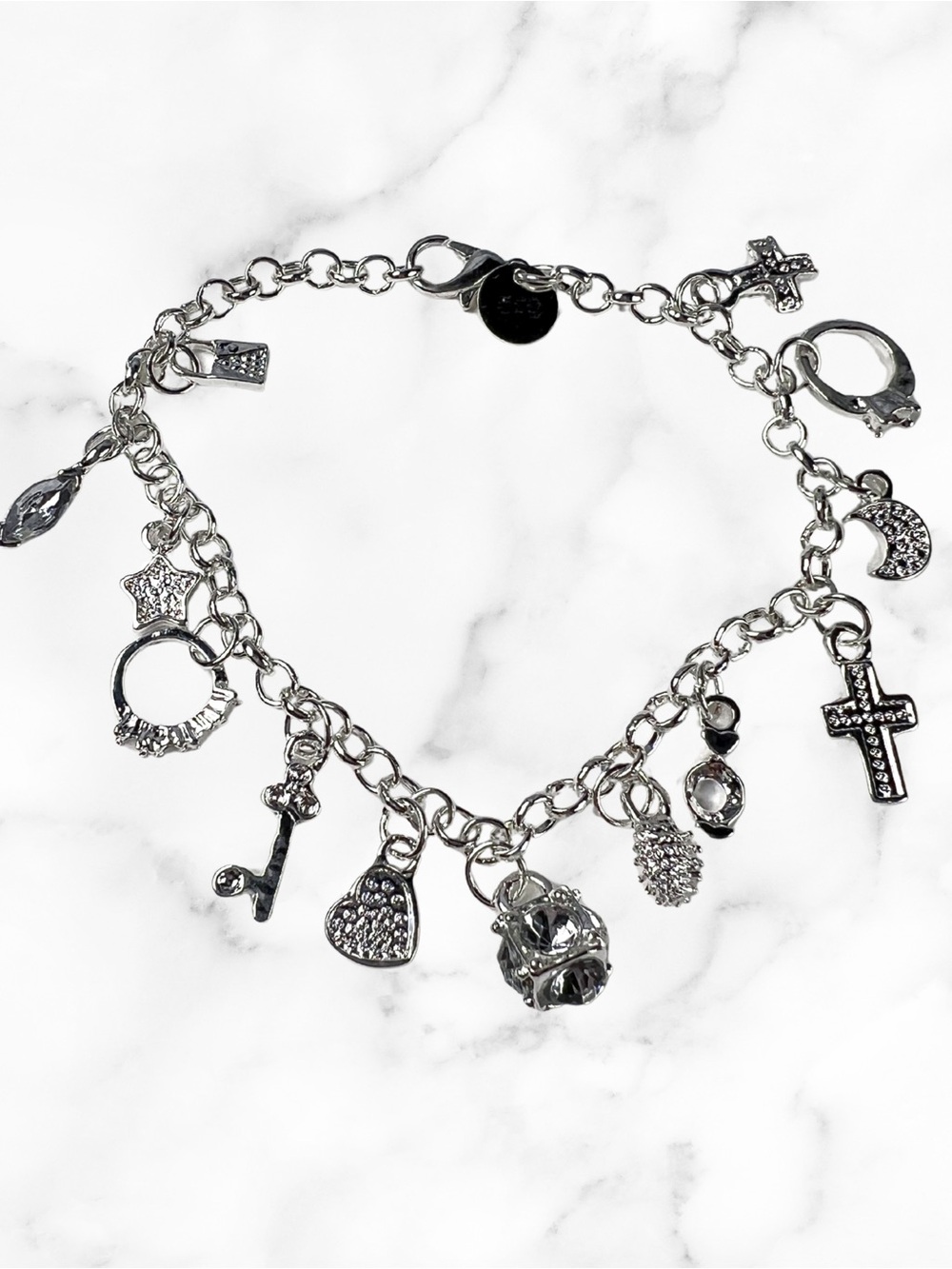 925 Sterling Silver Multi Charm Bracelet Cross Moon Heart Ring Star 6.25-7.25"